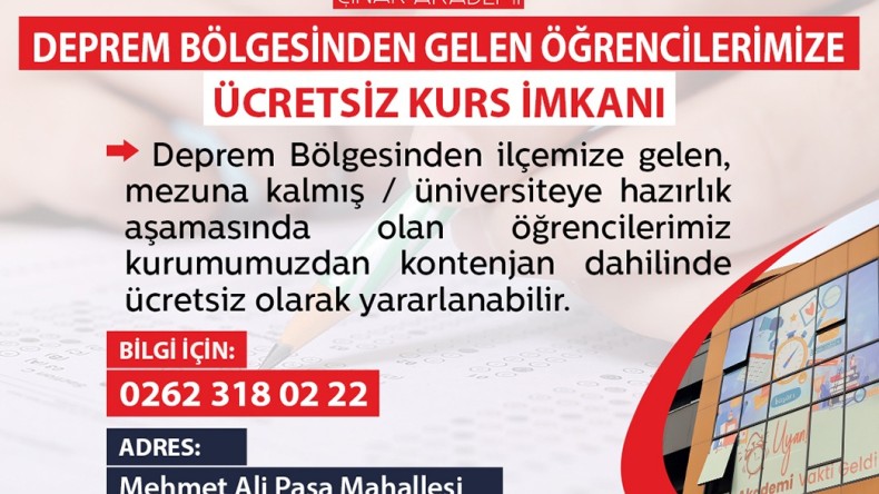 İzmit Çınar Akademi’den depremzede öğrencilere ücretsiz kurs imkanı