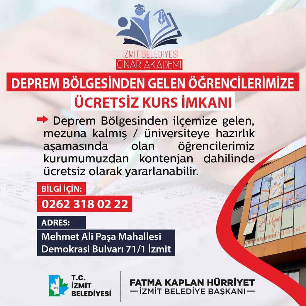 İzmit Çınar Akademi’den depremzede öğrencilere ücretsiz kurs imkanı