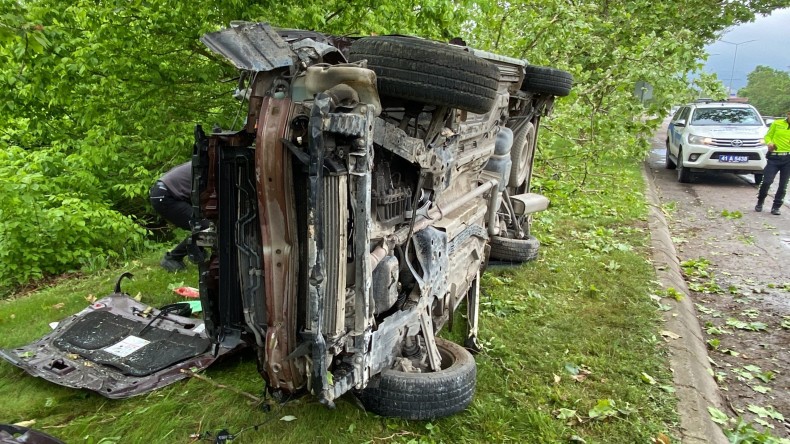 Ağaca çarpan araç yan yatarak durabildi