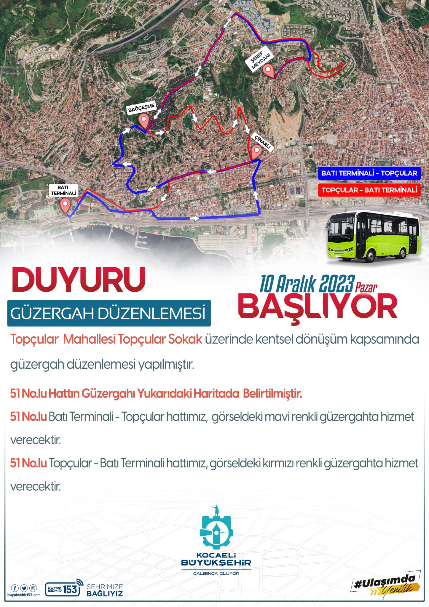 Kocaeli Büyükşehir Belediyesi duyurdu: Topçularda Güzergah değişikliği…