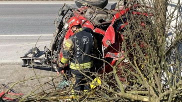 Ağaçları devirip yan yatan kamyonet kağıt gibi ezildi: 2 yaralı