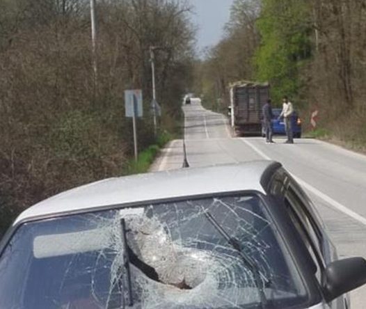 Kamyondan düşen tomruk seyir halindeki otomobile saplandı